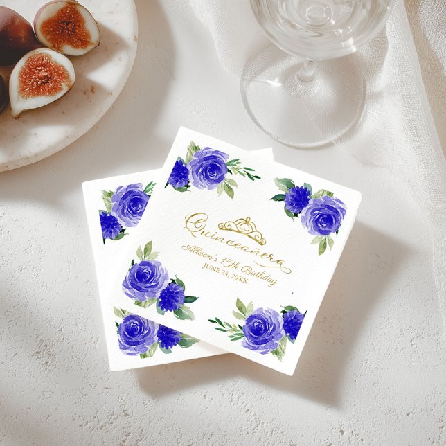 Quinceanera Party Guld Tiara Royal Blue Blommigt Pappersservett (Skapare uppladdad)