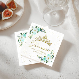 Quinceanera Party Guld Tiara  Teal Blommigt Pappersservett