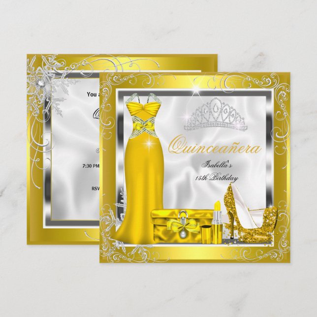 Quinceanera Party Gult Guld Silver klänning S5 Inbjudningar (Fram/baksida)