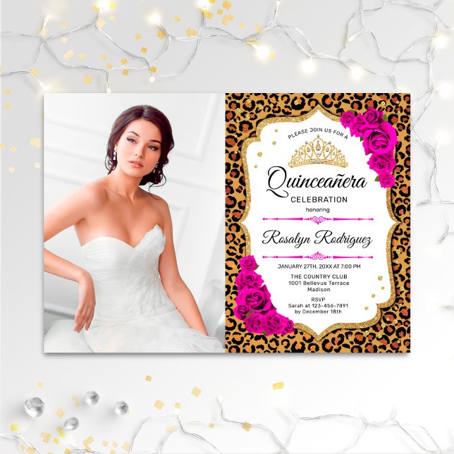 Quinceanera Party - Leopard Print Rosa White Photo Inbjudningar (Skapare uppladdad)