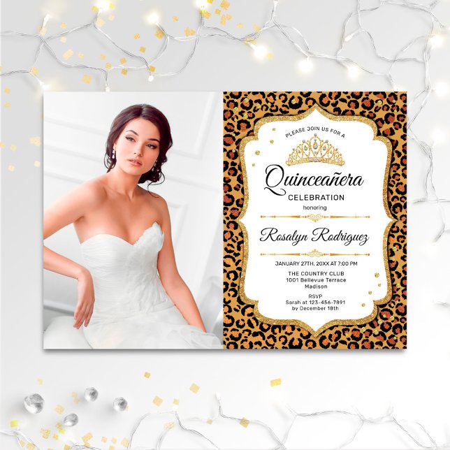 Quinceanera Party - Leopard Print White Photo Inbjudningar (Skapare uppladdad)