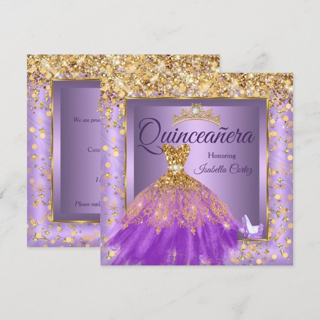 Quinceañera Party Lila Dress Högklackar Guld Inbjudningar (Fram/baksida)