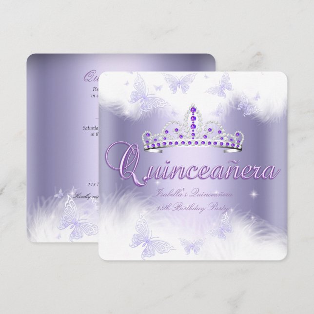 Quinceanera Party Lila Tiara Butterfly Inbjudningar (Fram/baksida)