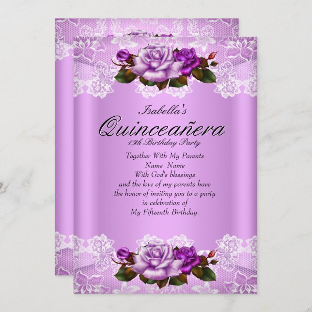 Quinceanera Party Lilac Lila Rosa ros Snöre Inbjudningar (Fram/baksida)