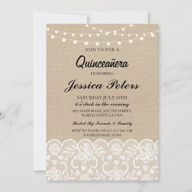 Quinceanera Party Ljus Rustic Burlap Snöre Inbjuda Inbjudningar (Framsida)
