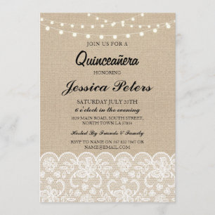 Quinceanera Party Ljus Rustic Burlap Snöre Inbjuda Inbjudningar