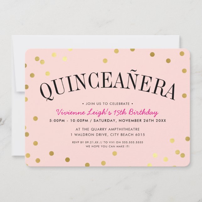 QUINCEAÑERA PARTY luxe guld konetti-prickar rosa Inbjudningar (Framsida)