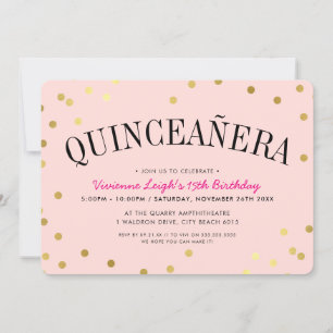 QUINCEAÑERA PARTY luxe guld konetti-prickar rosa Inbjudningar