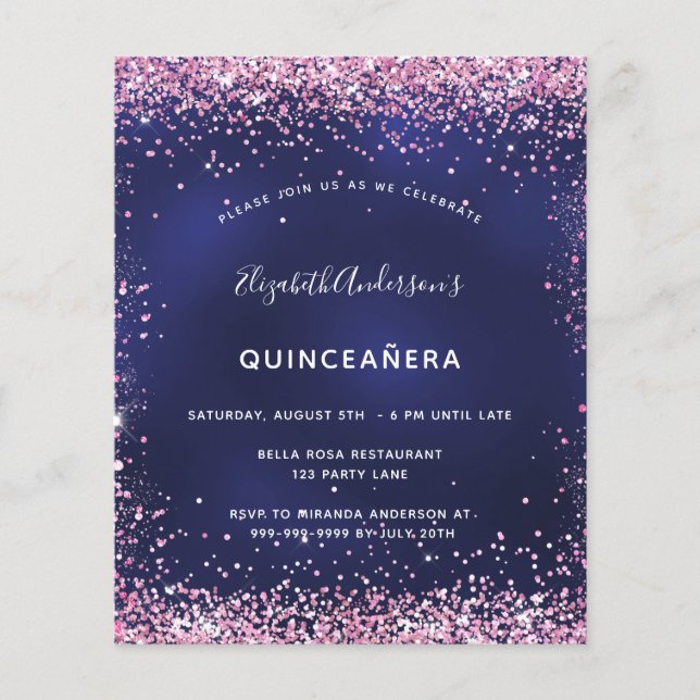 Quinceanera party marinblått rosa budgetinbjudan flygblad (Framsidan)