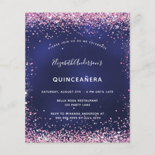 Quinceanera party marinblått rosa budgetinbjudan flygblad