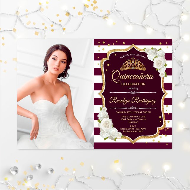 Quinceanera Party med foto - Burgundy White Guld Inbjudningar (Skapare uppladdad)