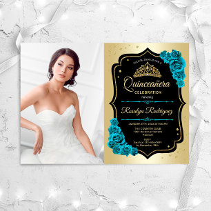 Quinceanera Party med foto - Guld Black Teal Inbjudningar