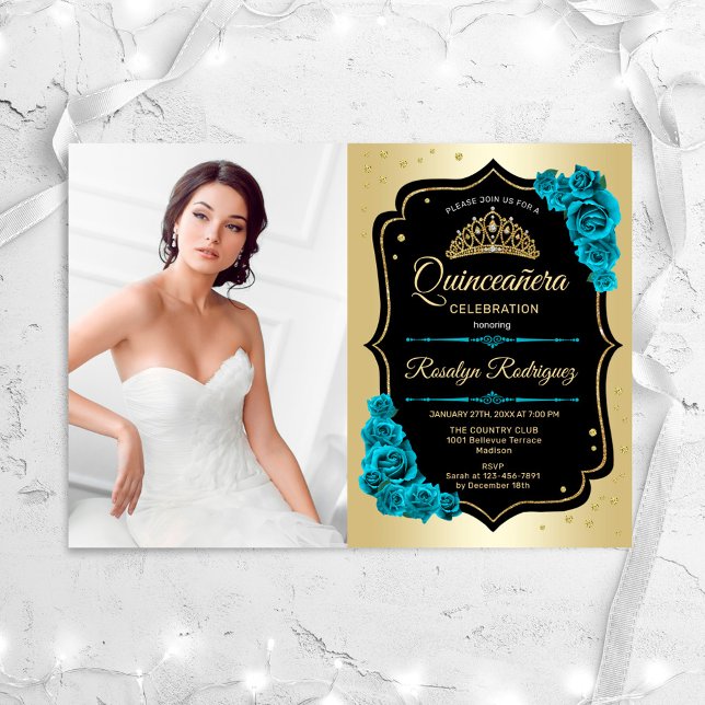 Quinceanera Party med foto - Guld Black Teal Inbjudningar (Skapare uppladdad)
