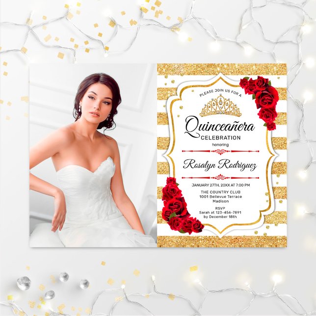 Quinceanera Party med foto - Guld White Rand Inbjudningar (Skapare uppladdad)