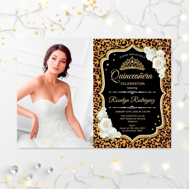 Quinceanera Party med foto - Leopard Print Guld Inbjudningar (Skapare uppladdad)