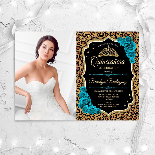 Quinceanera Party med foto - leopard Print Teal Inbjudningar (Skapare uppladdad)