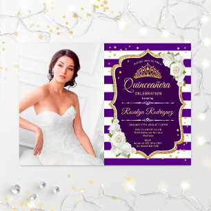 Quinceanera Party med foto - Lila Guld White Inbjudningar
