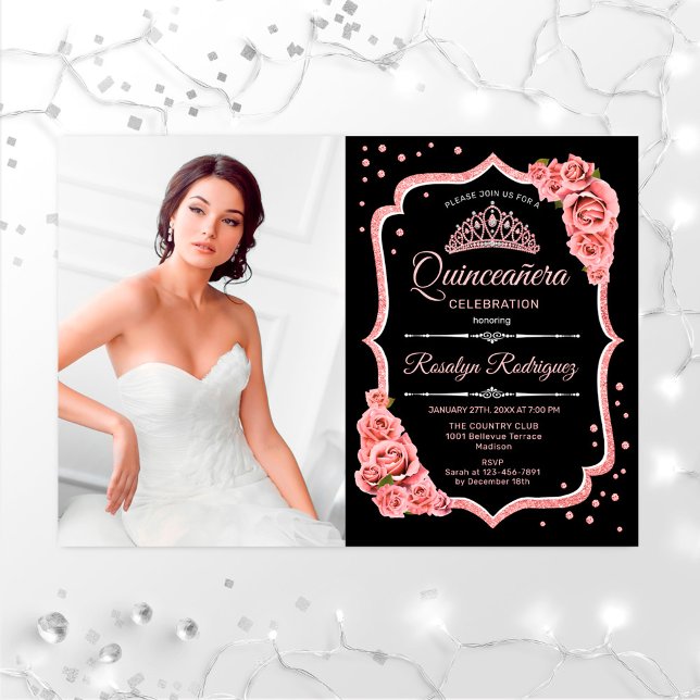 Quinceanera Party med foto - Ro Guld Black Inbjudningar (Skapare uppladdad)