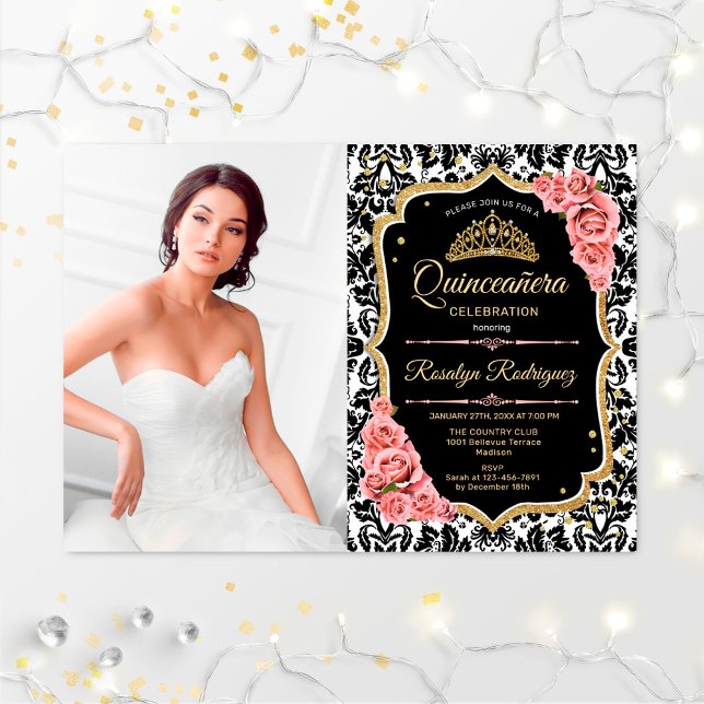 Quinceanera Party med foto - Rosa Guld Black Inbjudningar (Skapare uppladdad)