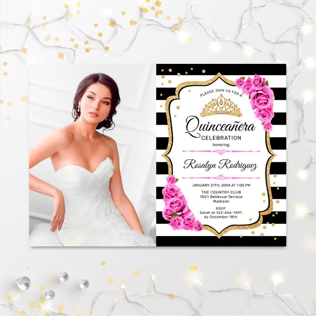 Quinceanera Party med foto - Rosa Guld Black Inbjudningar (Skapare uppladdad)