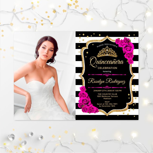 Quinceanera Party med foto - Rosa Guld Black Inbjudningar (Skapare uppladdad)