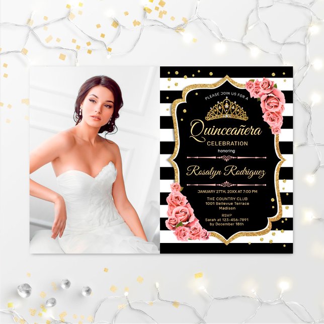 Quinceanera Party med foto - Rosa Guld Black Inbjudningar (Skapare uppladdad)