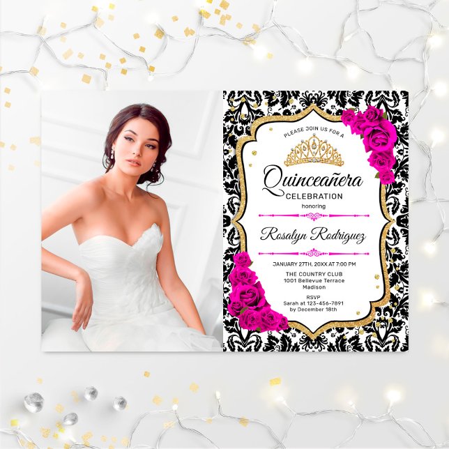 Quinceanera Party med foto - Rosa Guld Black Inbjudningar (Skapare uppladdad)