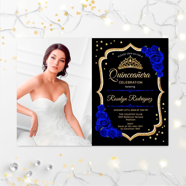 Quinceanera Party med foto - Royal Blue Guld Inbjudningar (Skapare uppladdad)