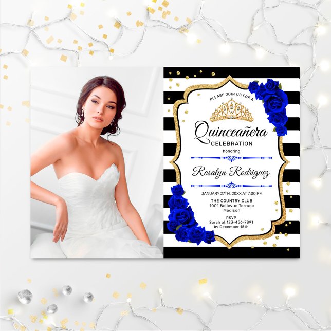Quinceanera Party med foto - Royal Blue Guld Inbjudningar (Skapare uppladdad)
