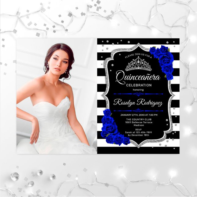Quinceanera Party med foto - Royal Blue Silver Inbjudningar (Skapare uppladdad)