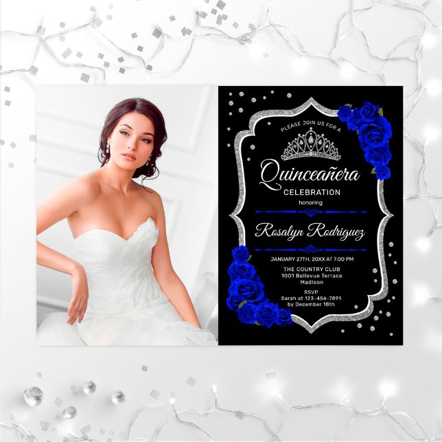 Quinceanera Party med foto - Royal Blue Silver Inbjudningar (Skapare uppladdad)