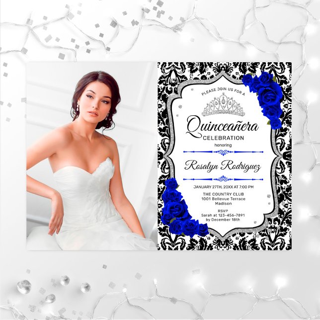 Quinceanera Party med foto - Royal Blue Silver Inbjudningar (Skapare uppladdad)