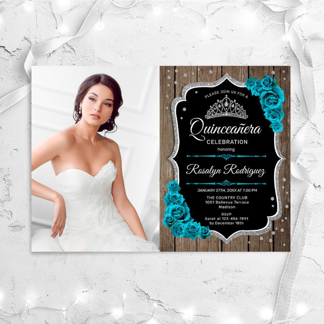 Quinceanera Party med foto - Rustic Teal Silver Inbjudningar (Skapare uppladdad)