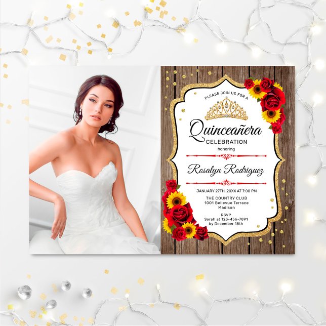 Quinceanera Party med foto - Rustic Wood Inbjudningar (Skapare uppladdad)