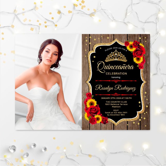 Quinceanera Party med foto - Rustiska solblommor Inbjudningar (Skapare uppladdad)