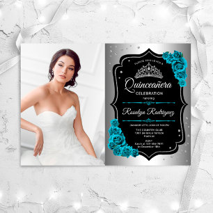 Quinceanera Party med foto - Silver Black Teal Inbjudningar