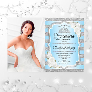 Quinceanera Party med foto - Silver Blue Inbjudningar