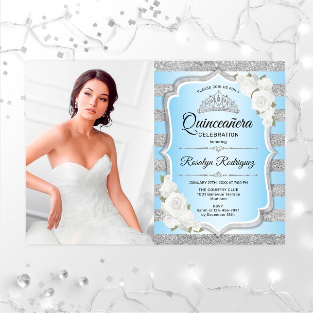 Quinceanera Party med foto - Silver Blue Inbjudningar (Skapare uppladdad)