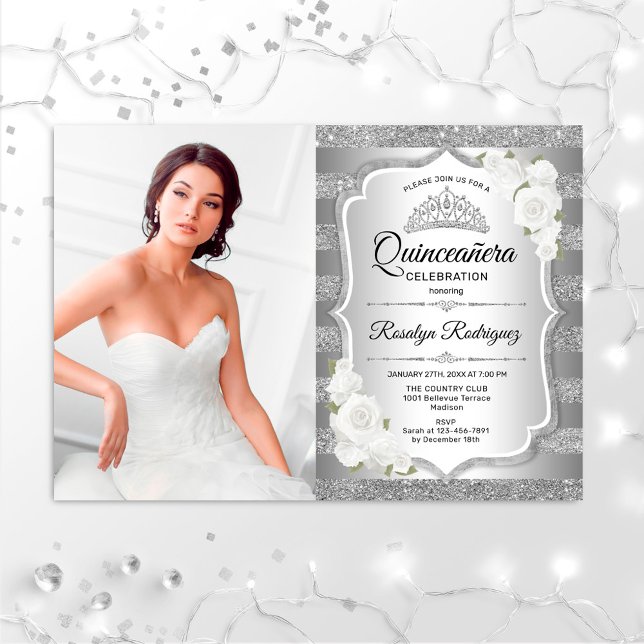 Quinceanera Party med foto - Silver Inbjudningar (Skapare uppladdad)