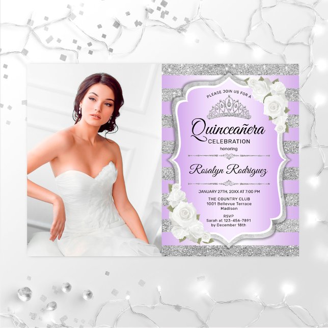 Quinceanera Party med foto - Silver Lila Inbjudningar (Skapare uppladdad)
