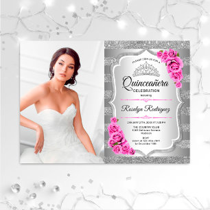Quinceanera Party med foto - Silver Rosa Inbjudningar