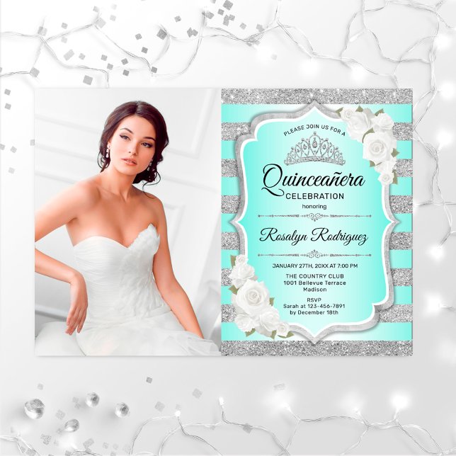 Quinceanera Party med foto-Silver-turkos Inbjudningar (Skapare uppladdad)