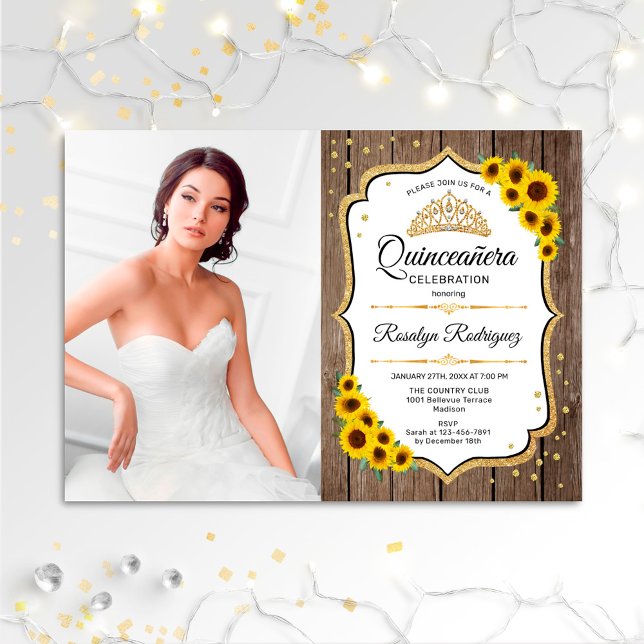 Quinceanera Party med foto - Solblommor, rustik Inbjudningar (Skapare uppladdad)