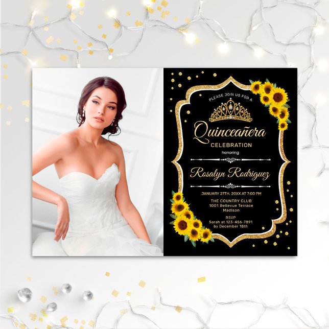 Quinceanera Party med foto - solrossvart Inbjudningar (Skapare uppladdad)