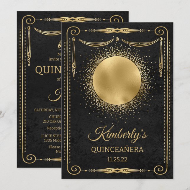 Quinceanera Party med foto - svart och Guld Inbjudningar (Fram/baksida)