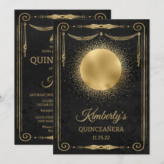 Quinceanera Party med foto - svart och Guld Inbjudningar