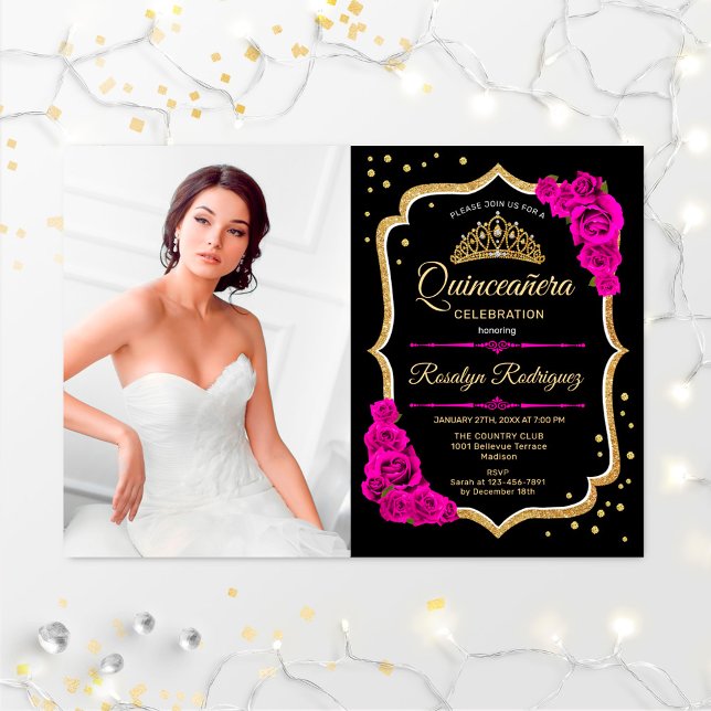 Quinceanera Party med foto - svart Rosa Guld Inbjudningar (Skapare uppladdad)