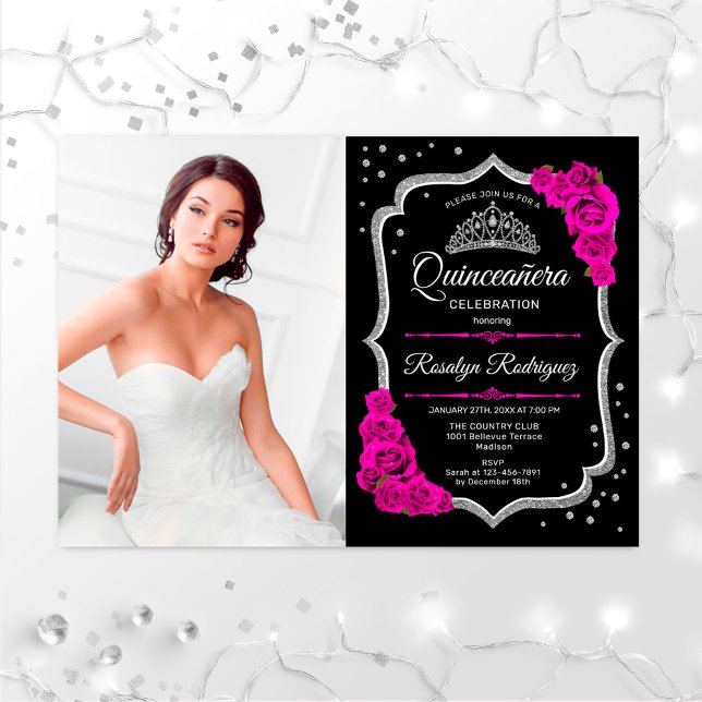 Quinceanera Party med foto - svart Rosa Silver Inbjudningar (Skapare uppladdad)