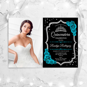 Quinceanera Party med foto - Teal Black Silver Inbjudningar