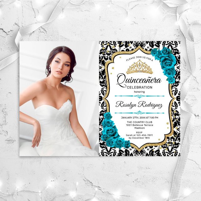 Quinceanera Party med foto - Teal Guld Black Inbjudningar (Skapare uppladdad)